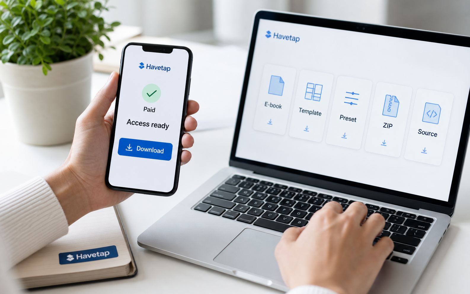 Akses produk digital Havetap dengan status pembayaran dan unduhan