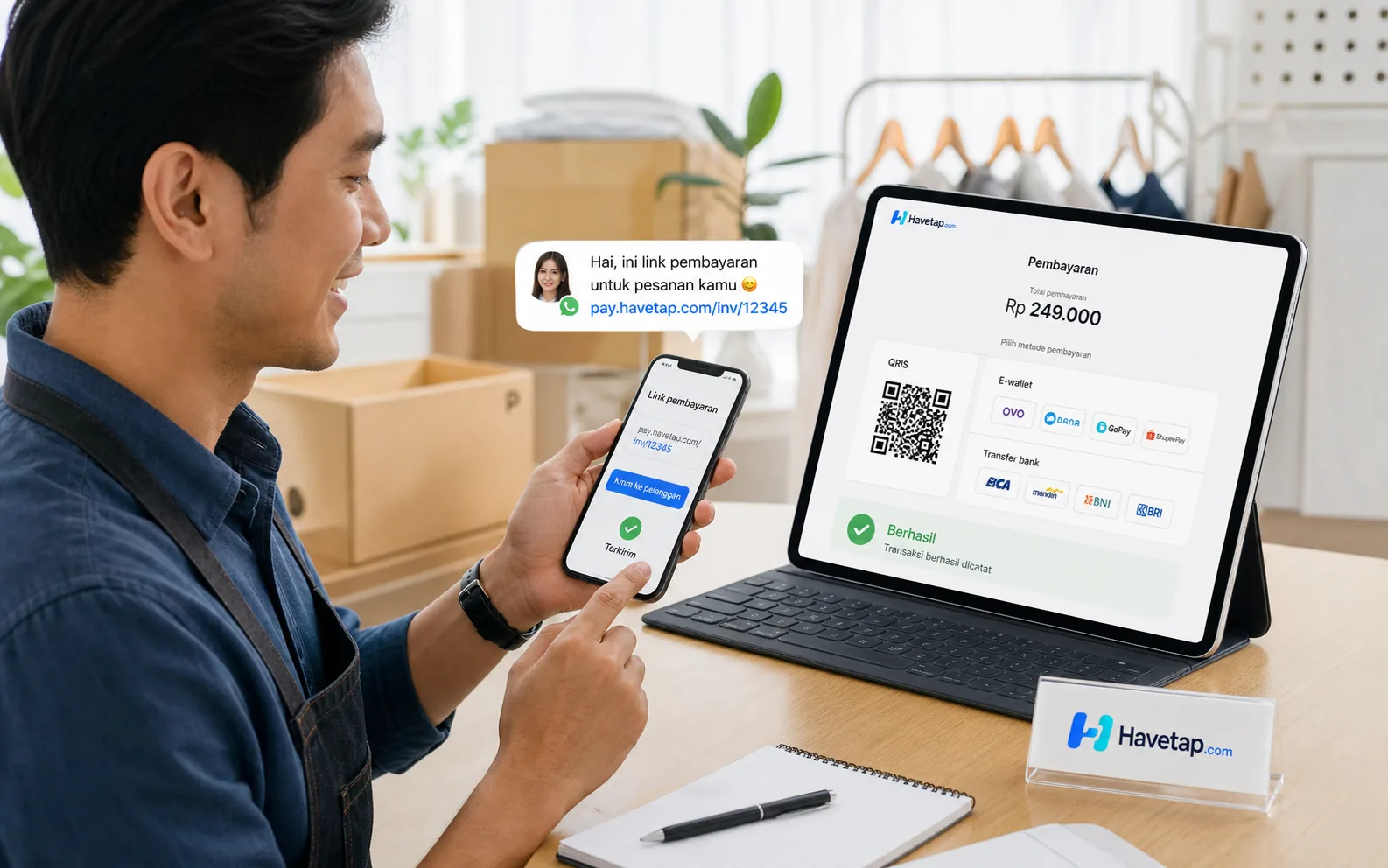 Seller membagikan link pembayaran Havetap dengan checkout QRIS dan e-wallet
