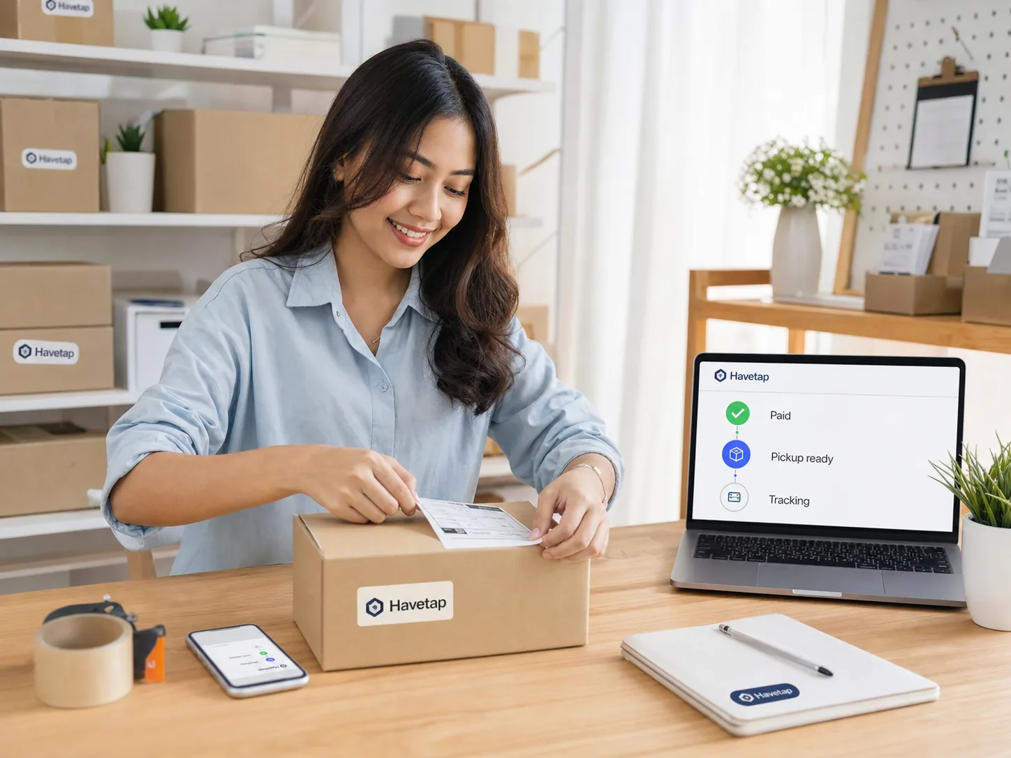 Seller menyiapkan paket dan mengecek order fisik dari handphone